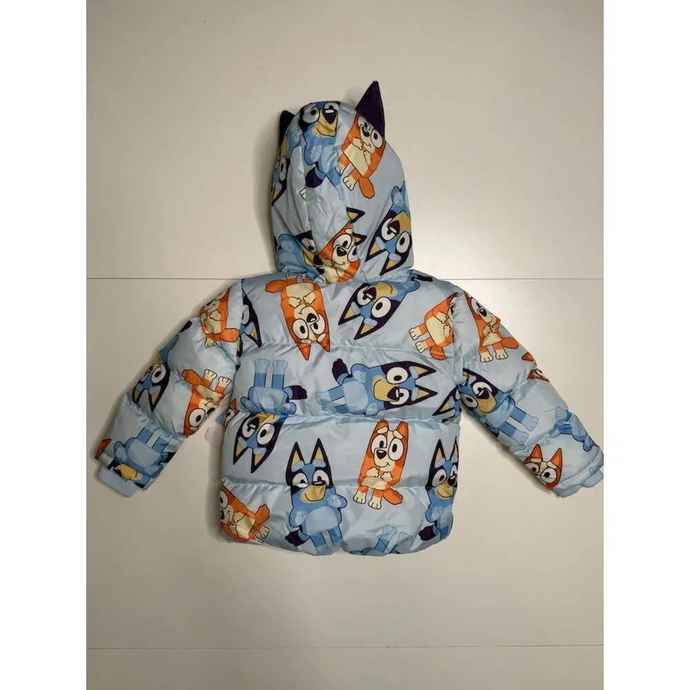 Bluey Boys 5T Puffer Jacket Light Blue Hooded Sherpa Lined Cat Ears NWT